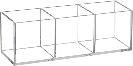 Acrylic Makeup Organizer 3 Section Clear 7.1x2.36x2.36 Inches Pen Holder 3 Compartments Pencil Organizer Cup Plastic Storage Organizer Plastic Square Cube for Makeup Jewelry Accessories