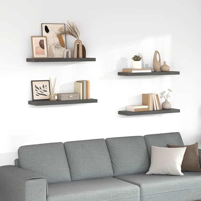 Set of 4 Floating Wall Shelves, Modern High-Gloss Grey Honeycomb Display Ledges for Living Room, Bedroom & Office, Decorative Storage Shelves, 31.5 Inch