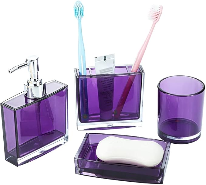 4pcs Purple Bathroom Accessories Set, Includes Soap Dispenser, Toothbrush Holder, Soap Dish and Tumbler
