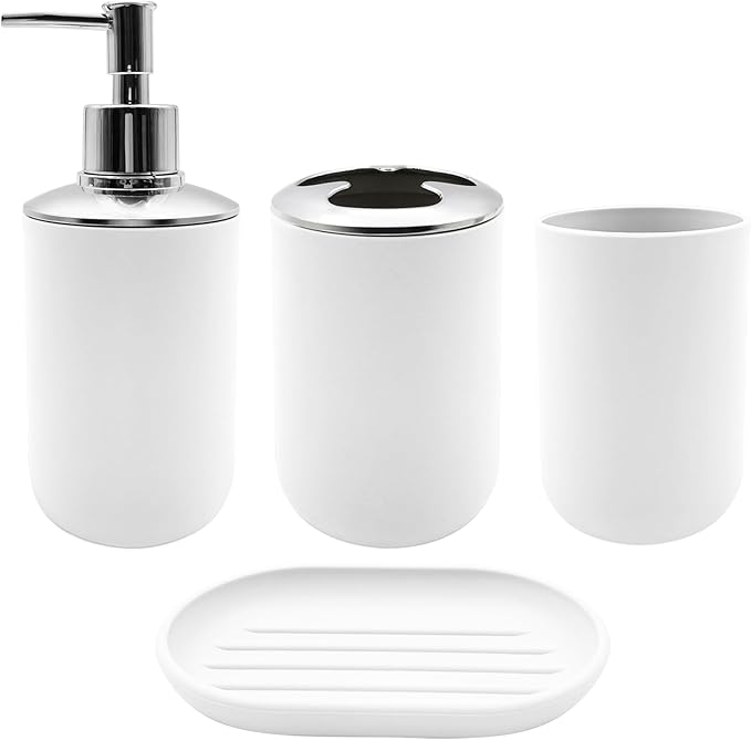 Bathroom Accessory Set, 4 pcs Shatter-Resistant Resin Bathroom Accessories Set Include Lotion Soap Dispenser Toothbrush Holder Soap Dish Modern Bathroom Decor, Gift for Home (White 4pcs)