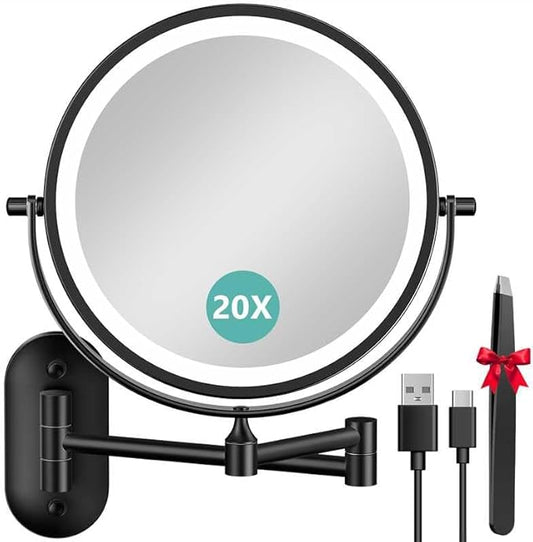 Auxmir 8'' Wall Mounted Lighted Makeup Mirror, 3200mAh Rechargeable Double-Sided 1X/20X Magnifying Mirror with Light, Touch Dimmable 3 Color Light, 360° Rotation Foldable Extended Arm, Black