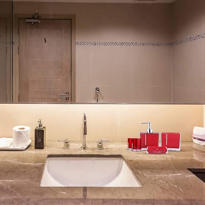 Red Bathroom Accessories Set Bathroom Designer 5-Piece Bath Accessory Set,Acrylic Gift Set Toothbrush Holder Toothbrush Cup Dispenser Dish Toilet Brush Holder Trash Can Tumbler