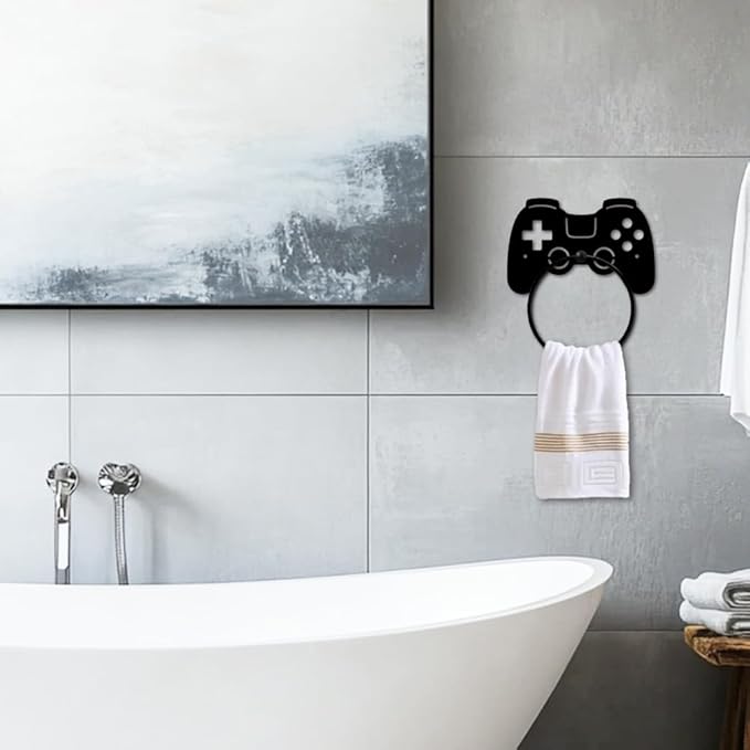 MAYJOYDIY Game Controller Metal Towel Ring Gamepad Shaped Sign Towel Holder for Gamer Room Decor Gamepad Black Art Towel Rack Wall Mounted for Bathroom Kitchen Home Boys Room Decors Gift
