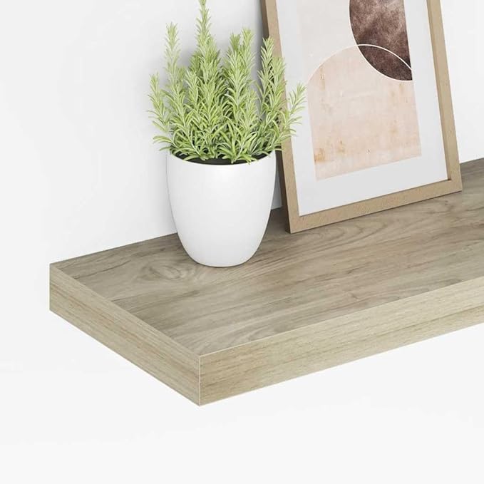 Floating Wall Shelves Set of 4, Invisible Mounting Oak Wood Look Display Shelves for Living Room, 19.7x9.1 Inches, Modern Rustic Home Decor for Books, Plants, Photos, Easy Install Durable MDF Board