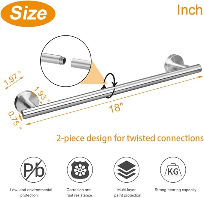 TocTen Bath Towel Bar - Thicken SUS304 Stainless Steel Bathroom Towel Holder, Towel Rod for Bathroom Heavy Duty Wall Mounted Towel Rack Hanger (18IN, Brushed Nickel)