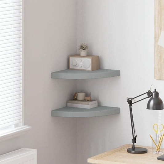 Corner Shelf Set of 2, Floating Wall Shelves for Bedroom Living Room, Modern Triangular Storage Display Organizer, Matte Grey MDF, 13.8 Inch
