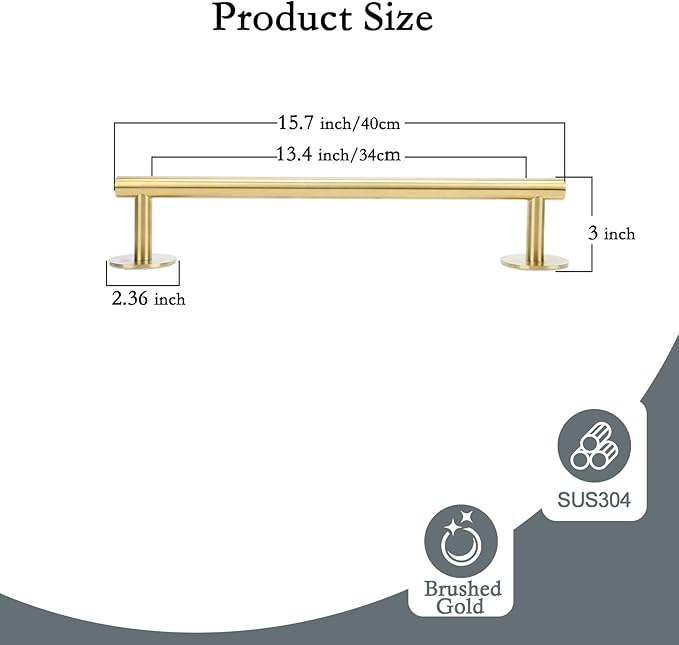 16" Self-Adhesive Brushed Gold Towel Bar - No Drill Stainless Steel Bathroom Kitchen Hand Wall Mount Towel Holder Rack Accesories Hand Towel bar