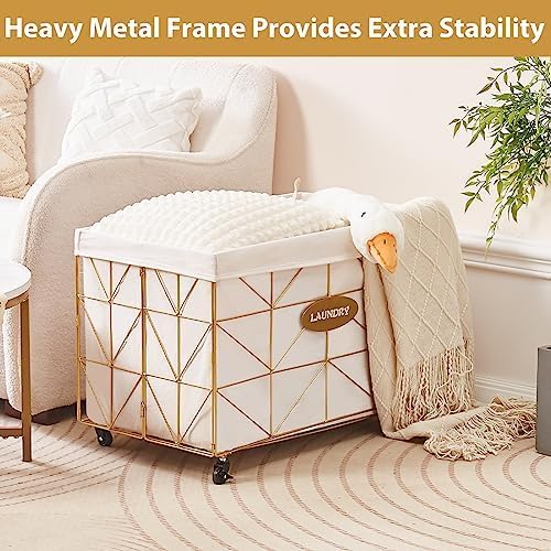 Mxfurhawa Laundry Hamper,Collapsible Laundry Basket Large Capacity Metal Laundry Hamper with Removable Liner, Rolling Wheels and Collapsible Design for Clothes Storage and Organization (160L GOLD)