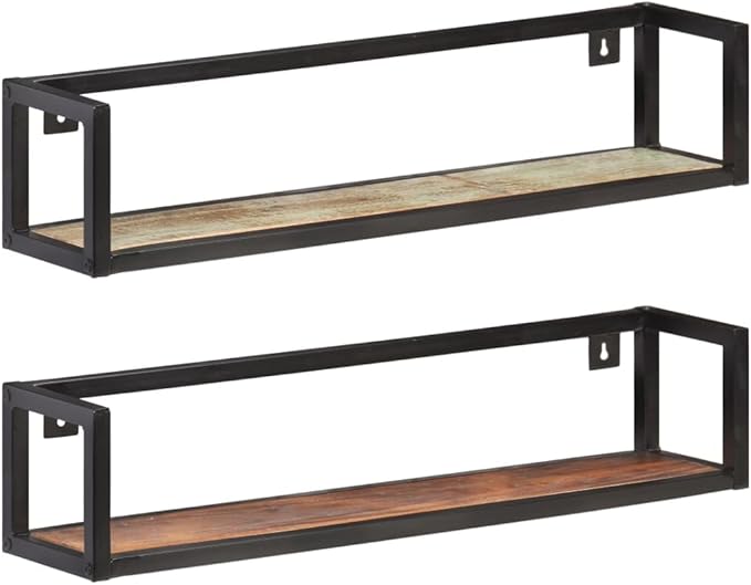Industrial Wall Shelves Set of 2, 31.5 Inch Solid Reclaimed Wood Floating Shelves for Living Room, Kitchen, Bathroom Storage with 66lb Capacity, Rustic Decor