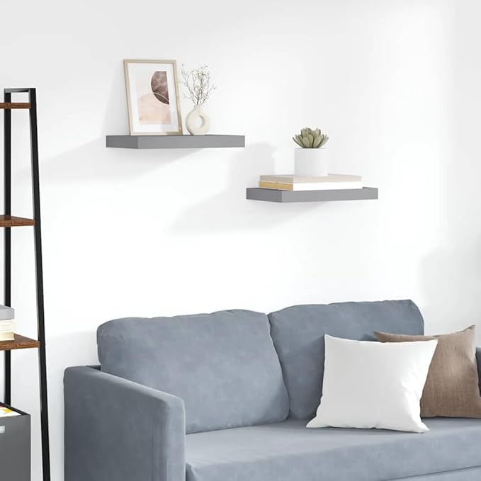 Floating Wall Shelves Set of 2, Modern Gray Display Shelves with Invisible Mounting for Living Room & Office, 15.7x9.1 Inches, Durable MDF and Metal, Easy Install Rack for Books, Decor, Awards