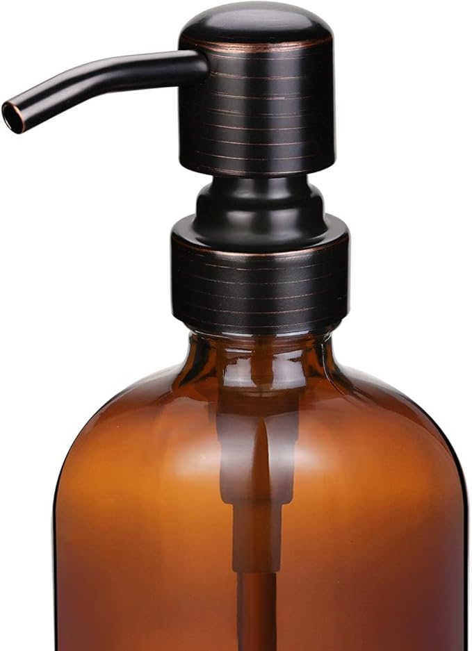 Amber Glass Jar Soap Dispenser with Oil Rubbed Bronze Pump,16oz Round Bottle Dispenser with Stainless Steel Pump, Bathroom Soap Dispenser Set for Home Decor, Farmhouse & Kitchen Decor