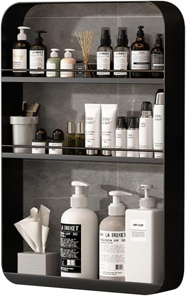 Punch- Bathroom Shelf, Wall-Mounted Makeup Organizer, Cosmetic Storage Rack, Multi-Layer Large Capacity, 10kg Load-Bearing,Black-40 * 60cm