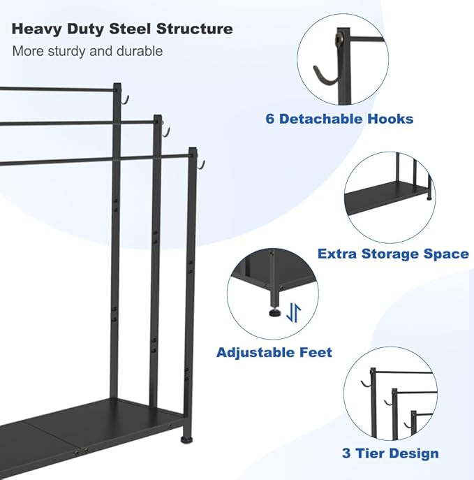 Extra Large Free Standing Towel Rack with Metal Storage Shelf & 6 Hooks for Bathroom, 3 Tiers Heavy Duty Blanket Drying Stand Holder for Outdoor Pool, Bedroom, Living Room, Black
