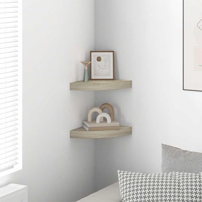 Corner Shelf Set of 2, Floating Wall Shelves for Bedroom Living Room, Oak Finish MDF Triangular Storage Organizer for Books Decorations, 9.8x9.8 Inch