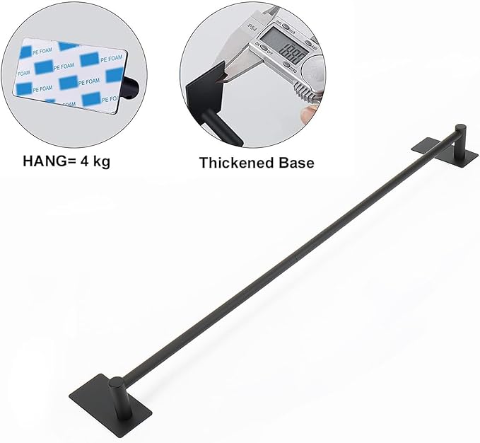 NearMoon Self Adhesive Bathroom Towel Bar- Stainless Steel Bath Wall Shelf Rack Hanging Towel Stick On Sticky Hanger Contemporary Style, NO Drilling (1 Pack, Matte Black, 24-Inch Towel Rack)