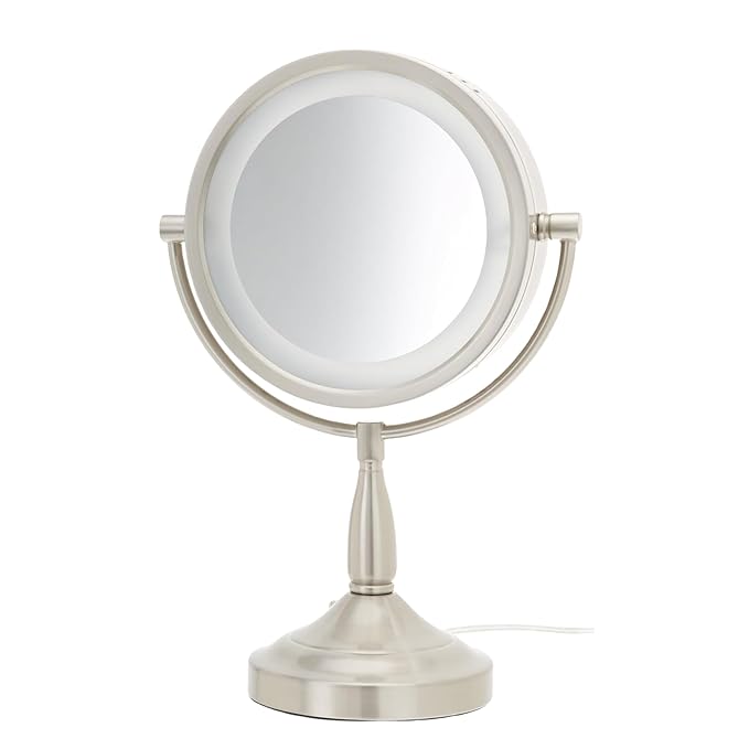 JERDON LED Lighted Tabletop Vanity Makeup Mirror – 8.5” Diameter with 7X-1X Magnification – Nickel Finish – Power Cord and Plug – Model LT856N