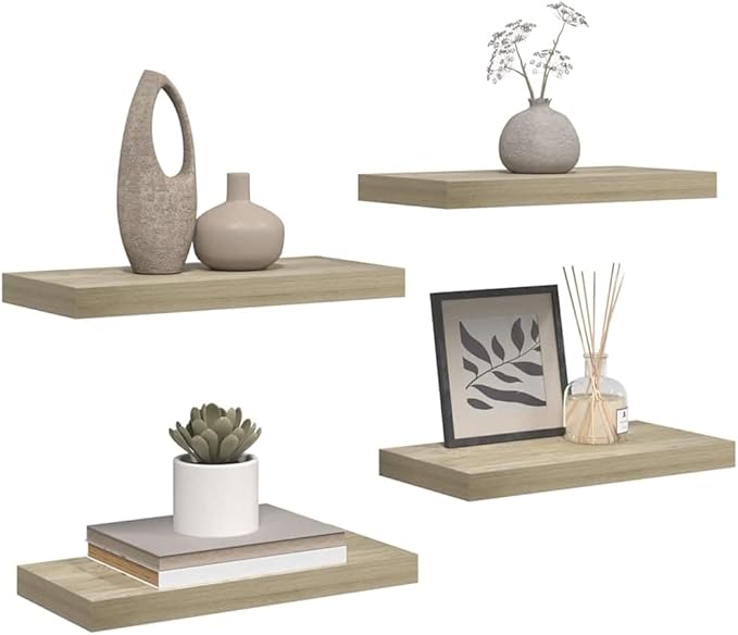 Floating Wall Shelves Set of 4, Invisible Mounting Oak Wood Look Display Shelves for Living Room, 19.7x9.1 Inches, Modern Rustic Home Decor for Books, Plants, Photos, Easy Install Durable MDF Board