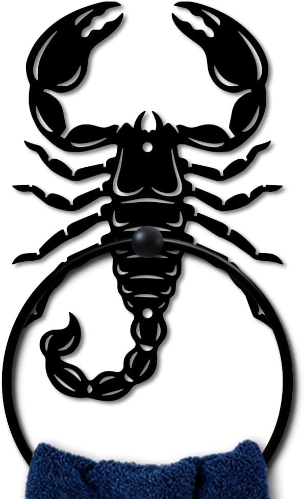 MAYJOYDIY Scorpion Metal Towel Ring Round Reptile Hand Towel Holder Ring Hanger Wall Mount Black Vintage Towels Wall Organizer for Kitchen Bath Home Laundry Room Decors Gifts
