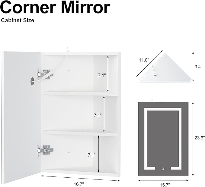 Corner Medicine Cabinet with Mirror,Lighted Medicine Cabinet with 2 Storage Shelf, 24" Bathroom Mirror Cabinet,Wall Mounted,Opens Right to Left,White,24" x16"