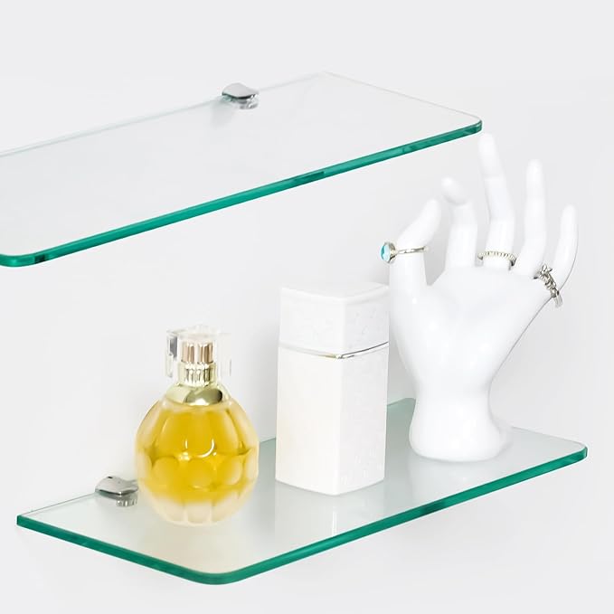 2-Pack Modern Glass Bathroom Shelves – 20” x 5” Wall-Mounted, Chrome-Plated Finish – Tempered Glass Storage Rack for Towels, Toiletries & Décor