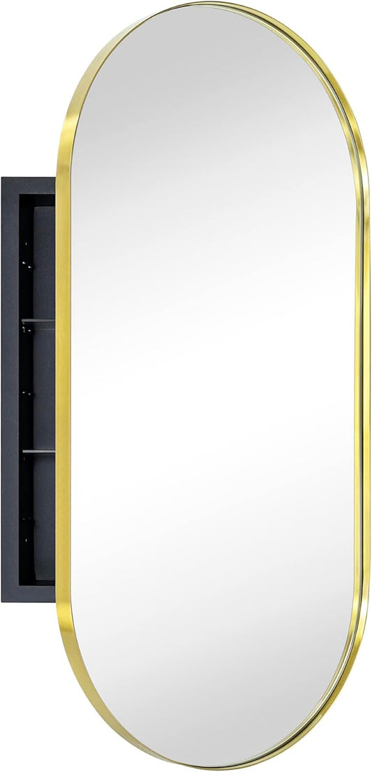 Brushed Gold Oval Recessed Bathroom Medicine Cabinet with Mirror Stainless Steel Metal Framed Oblong Pill Shaped Bathroom Cabinet with Mirror 16x33''