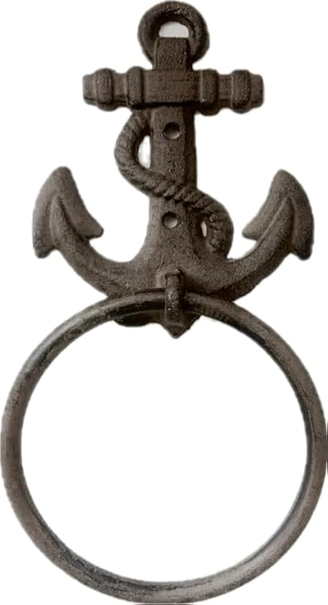 Comfy Hour Nautical Anchor Towel Ring, Decorative Cast Iron Hand Towel Holder for Bathroom, Vintage Coastal Wall Mount Maritime Decor for Beach House, Brown, 1 Piece