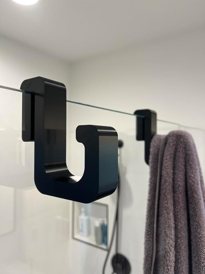 Frameless Shower Glass Towel Hook, 3/8 Inch Glass Mount, Modern Black Bathroom Towel Holder