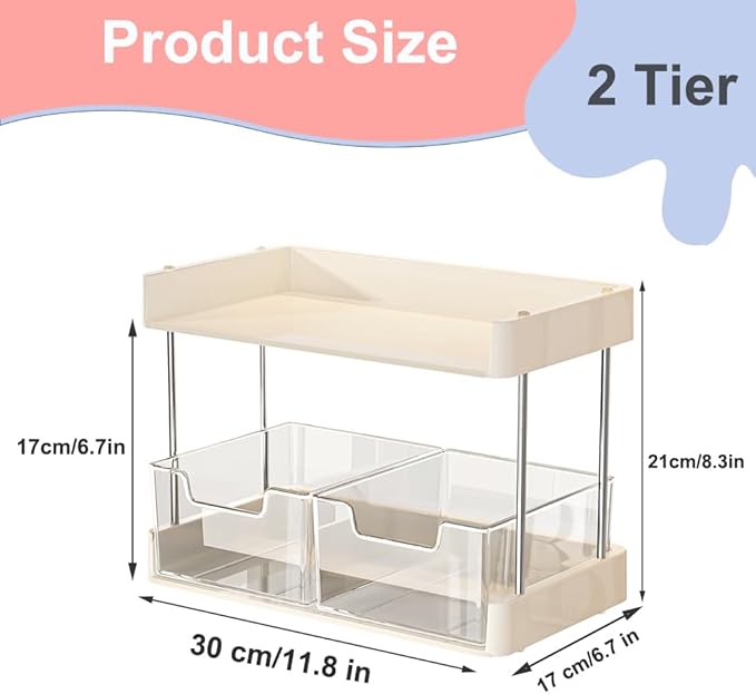 2-Tier Makeup Organizer with Drawers, Large Capacity Skincare Storage Rack, Countertop Cosmetic Display Stand Medicine Organizer Medicine Cabinet for Vanity, Bathroom, Bedroom (Beige & Clear)