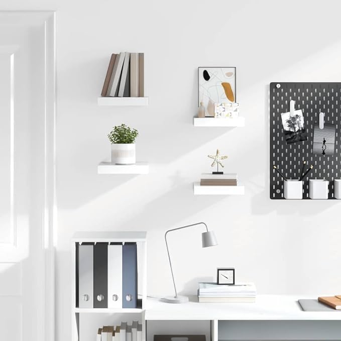 Floating Wall Shelves Set of 4, High Gloss White Modern Display with Invisible Mounting, 9.1x9.3x1.5 Inch MDF Wall Mounted Shelves for Living Room, Bathroom, Office Decor, Books and Collectibles