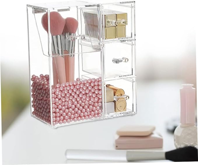Acrylic Makeup Organizer Clear Cosmetic Brush Holder with Dustproof Lid 3 Drawers. Canisters