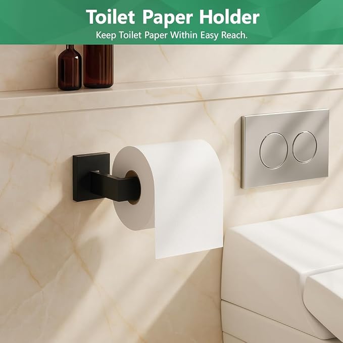Matte Black Bathroom Hardware Set, 5-Piece SUS304 Stainless Steel Towel Bar Set, 23.8 Inch Wall Mounted Bathroom Accessories, Includes Toilet Paper Holder, Towel Ring & Hooks