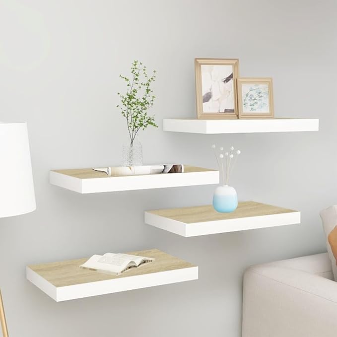 Floating Wall Shelves Set of 4 Oak White MDF Modern Display Racks with Invisible Mounting System for Living Room Bedroom Home Decor 19.7x9.1x1.5 Inches