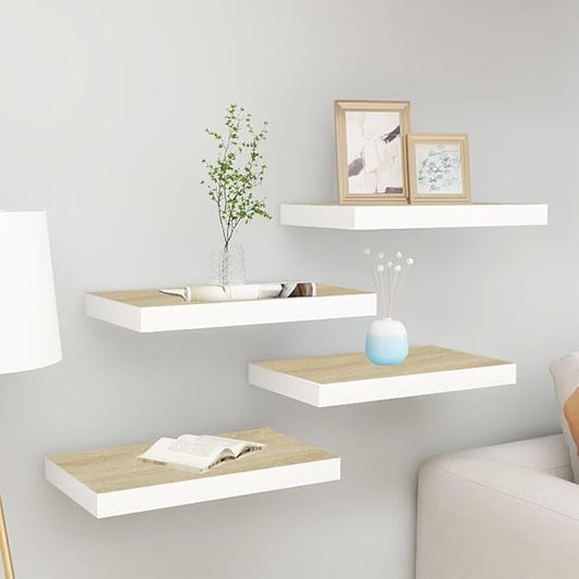 Floating Wall Shelves Set of 4 Oak White MDF Modern Display Racks with Invisible Mounting System for Living Room Bedroom Home Decor 19.7x9.1x1.5 Inches