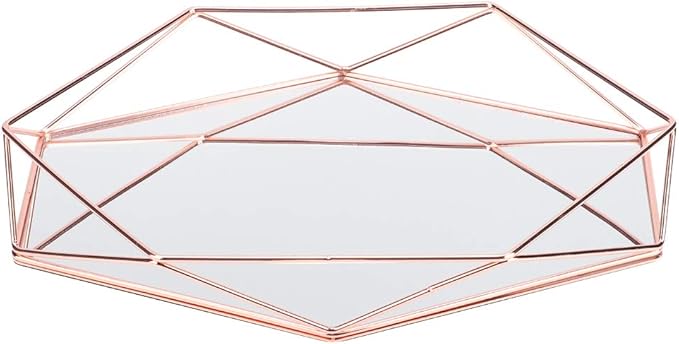 Organizer Tray,Makeup Organizer,Bathroom Sixangle Mirror Metal Gold Cosmetic Jewelry Storage Organizer Tray Box Plate for Makeup Brushes Perfume Lipsticks Nail Polish Makeup Holder(Rose Gold)
