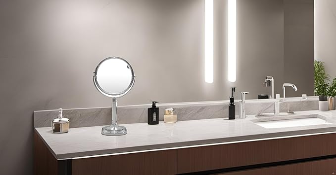 Indecor Home H Halston Stainless Steel Makeup Vanity Mirror 1X, 3X Magnification Round 360 Swivel Mirror for Desk, Bedroom, Bathroom Chrome