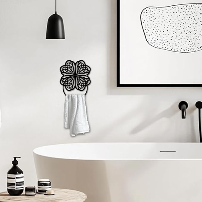 MAYJOYDIY Four Leaf Clover Metal Towel Ring Saint Patrick's Day Style Towel Holder Bath Towel Ring Black Art Towel Rack Wall Mounted for Bathroom Kitchen Towel Hanger Home Decors Gift