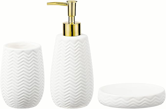 Whiet and Gold Bathroom Accessories Set, 3pcs Ceramic Farmhouse Decor, Complete countertop Bathroom Decor with soap Dispenser，Toothbrush Holder and soap Dish for Stylish Bathroom Organization