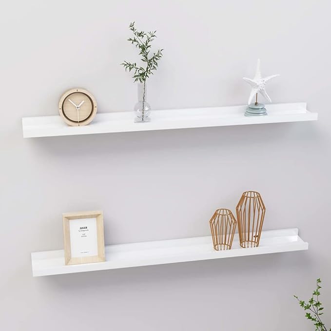 High Gloss White Wall Shelves 2 Pack 31.5 inch Floating for Living Room Bedroom Decor, Modern Display with 11lb Load Capacity, Easy to Clean MDF Storage Shelves for Home Organization