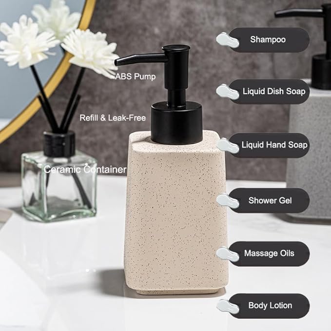 Beige Soap Dispenser and Toothbrush Holder Set,Ceramic Bathroom Accessories Set with Tray.Lotion Dispenser and Tumbler for Modern Bathroom Decor