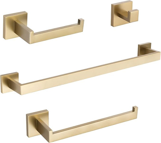 TURS Brushed Gold Bathroom Accessory Set 4-Pieces Bathroom Hardware Set Square Towel Bar Set Stainless Steel Towel Holder Set