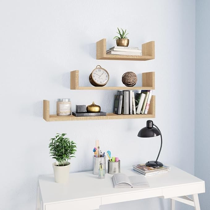 Set of 3 Floating Shelves, Sonoma Oak Engineered Wood Wall Mounted Storage Display Racks for Bedroom, Living Room, Kitchen, Small, Medium, Large