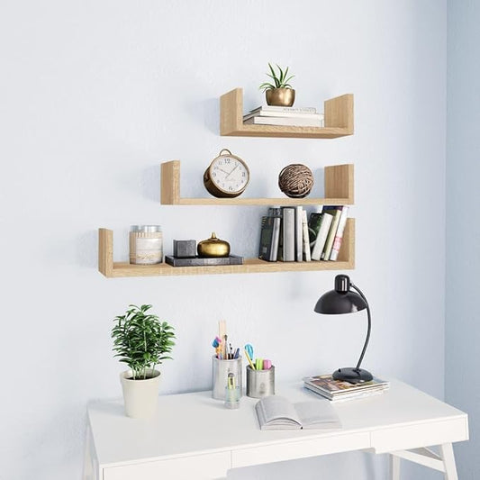Set of 3 Floating Shelves, Sonoma Oak Engineered Wood Wall Mounted Storage Display Racks for Bedroom, Living Room, Kitchen, Small, Medium, Large