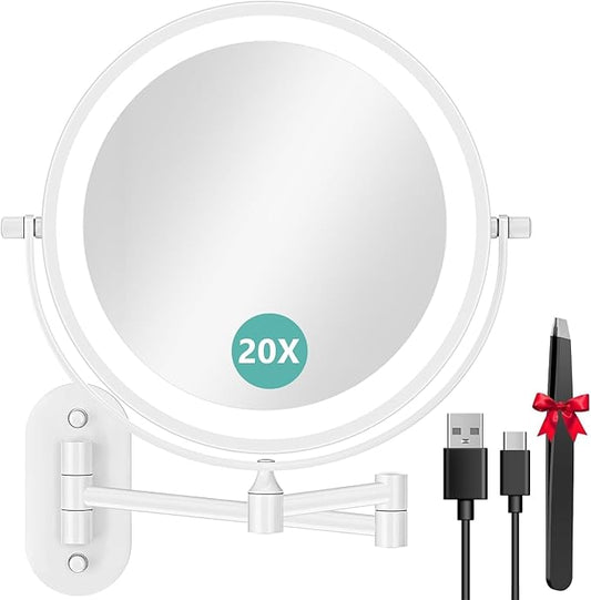 Auxmir 8'' Wall Mounted Lighted Makeup Mirror, 3200mAh Rechargeable Double-Sided 1X/20X Magnifying Mirror with Light, Touch Dimmable 3 Color Light, 360° Rotation Foldable Extended Arm, White