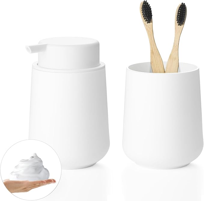Matte White Bathroom Accessories Set Plastic Foaming Hand Soap Dispenser and Toothbrush Holders 2 Piece