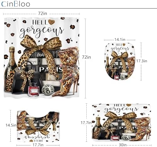 Cinbloo 4Pcs Brown Leopard Shower Curtain Set, Cheetah Bathroom Curtain with Rug, Toilet Lid Cover, Bath Mat, Fashion Luxury Magazine Books Perfume High Heels Girly Shower Curtain with 12 Hooks