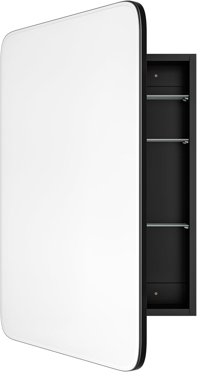 AGDULL Vintage-Style Bathroom Wood Black Cabinet with 17.5''x29'' Curved Mirror, Recessed Medicine Cabinet, Bathroom Storage Cabinet