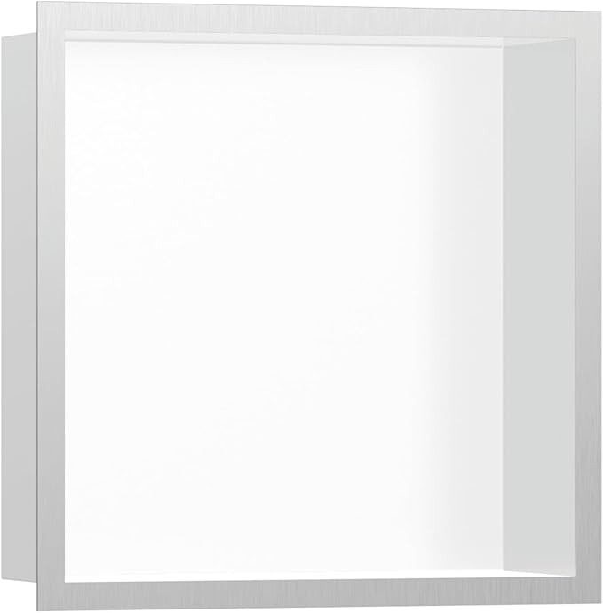 hansgrohe XtraStoris Individual Recessed Wall Niche Matte White with Design Frame 12"x 12"x 4" in Brushed Stainless Steel, 56099800