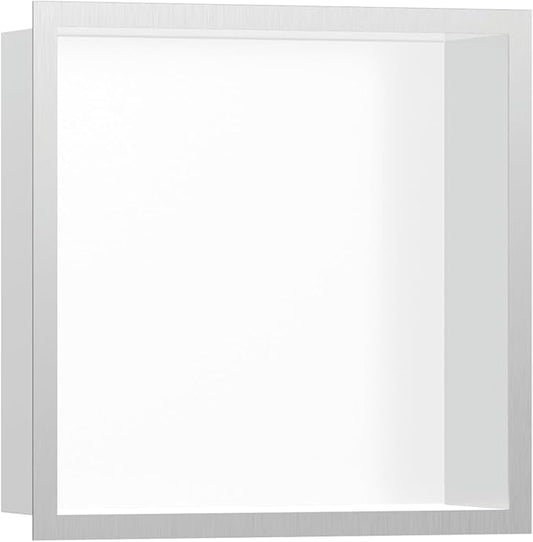 hansgrohe XtraStoris Individual Recessed Wall Niche Matte White with Design Frame 12"x 12"x 4" in Brushed Stainless Steel, 56099800