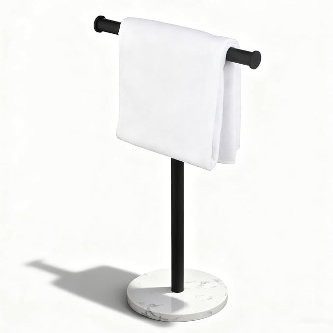 Hand Towel Holder, NEWRAIN Countertop Hand Towel Holder Stand, Stainless Steel Free Standing Hand Towel Rack with Heavy Marble Base, for Bathroom Kitchen & Counter top, Matte Black