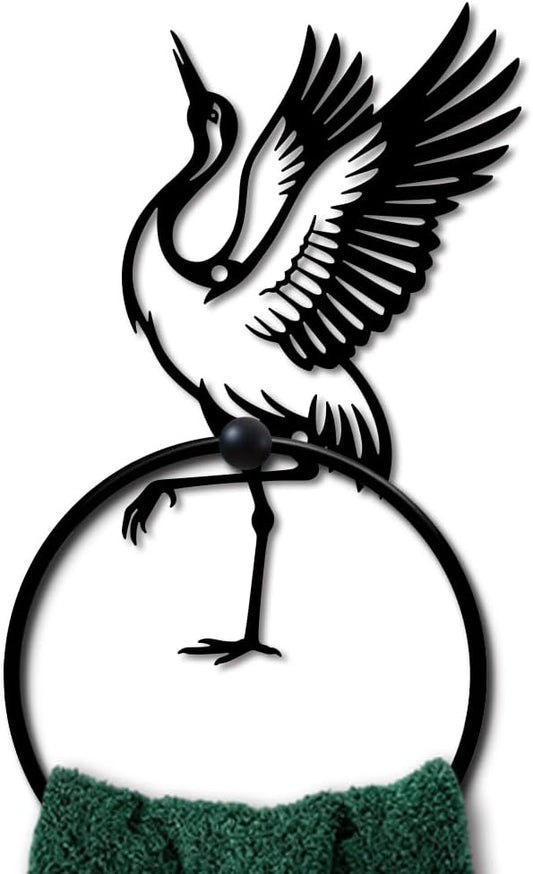 MAYJOYDIY Red-Crowned Crane Metal Towel Ring Round Animal Hand Towel Holder Ring Hanger Wall Mount Black Vintage Towels Wall Organizer for Kitchen Bath Home Laundry Room Decors Gifts